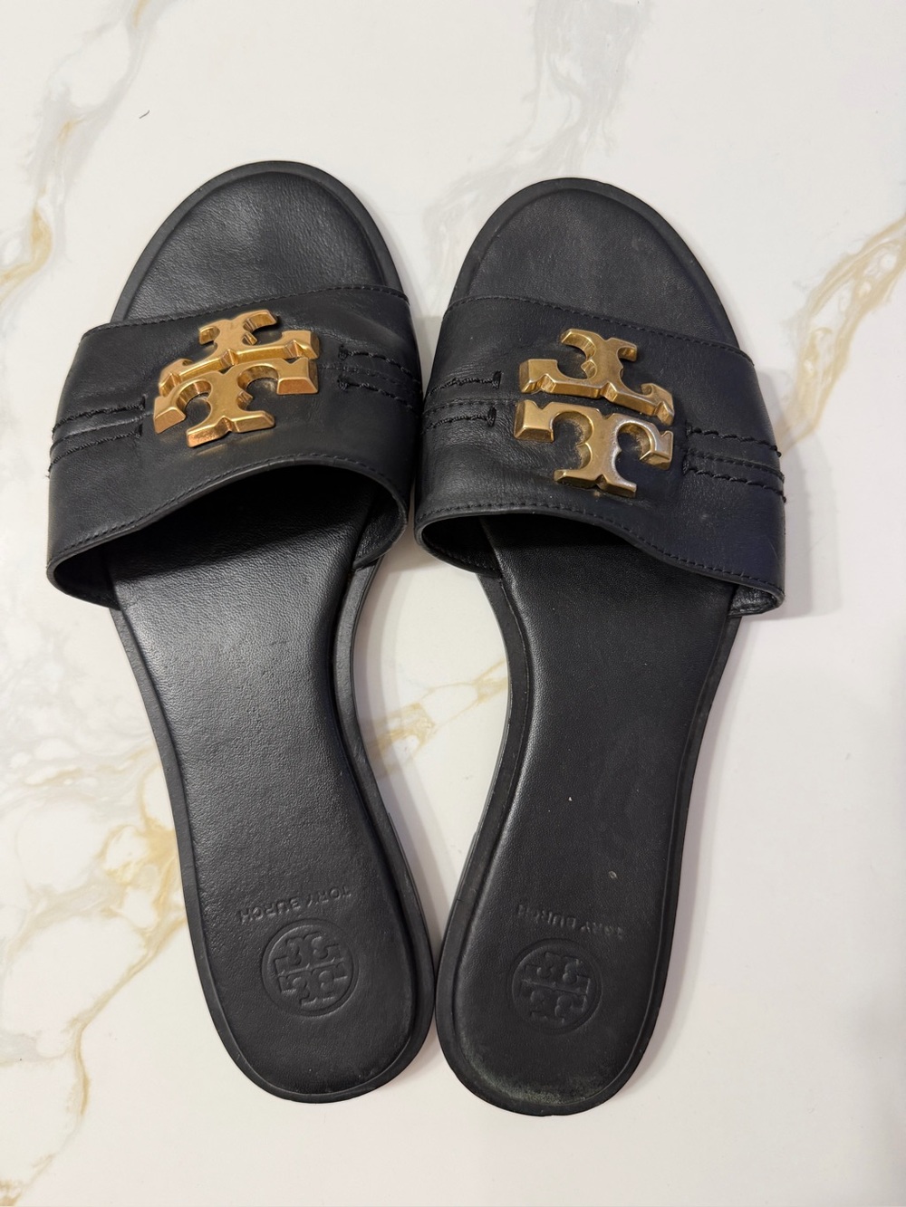 Tory Burch Black Leather Slide Sandals with Gold Logo Emblem